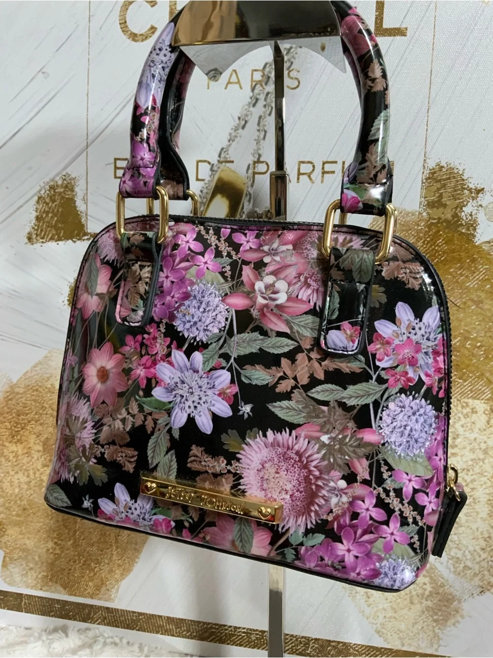 Betsey Johnson Black Floral Dome Satchel with Pink & Purple Flowers